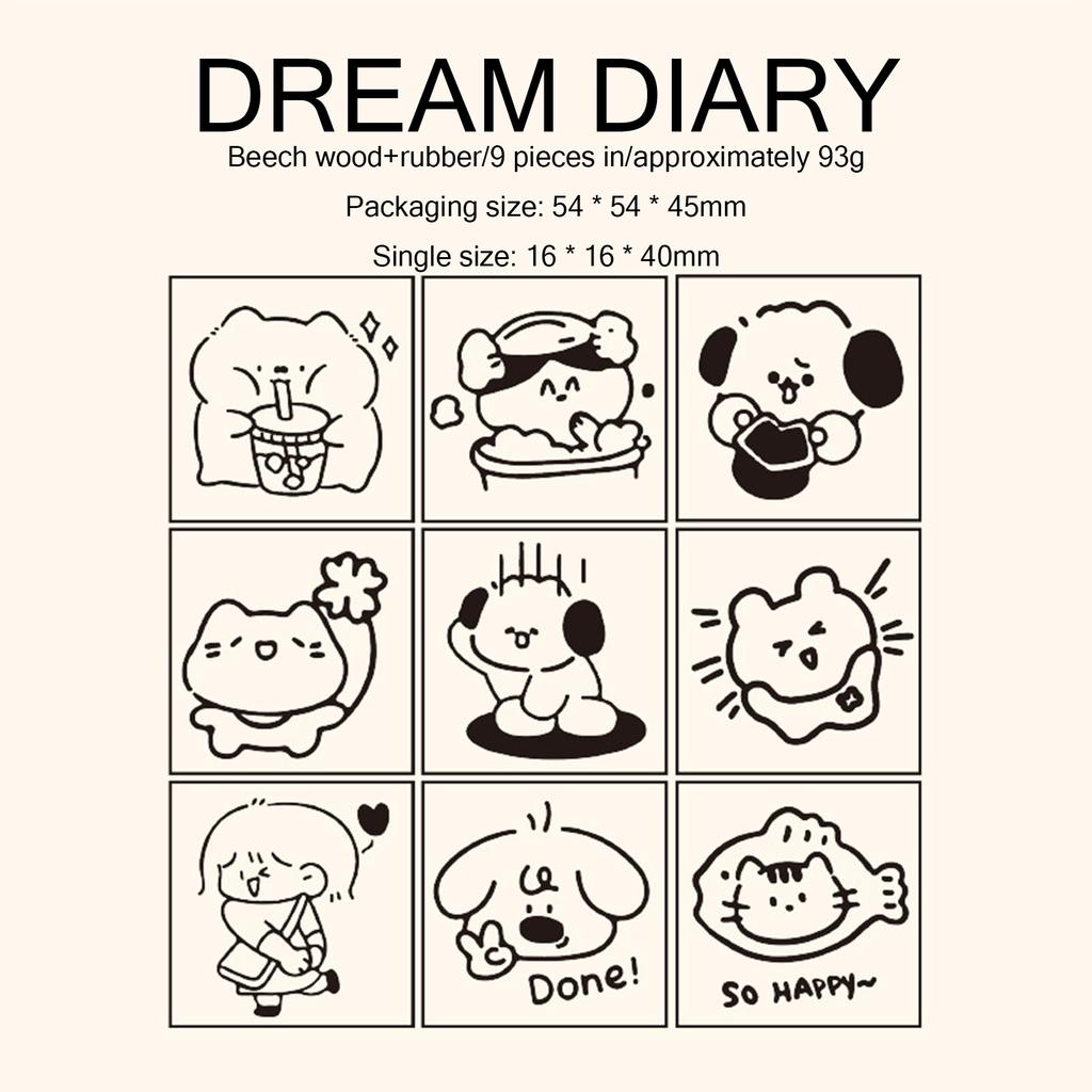 9pcs Vintage Wooden Rubber Stamps Clear Cartoon Patterns Beech Material for Paper Crafting Letters Diary Greeting Cards