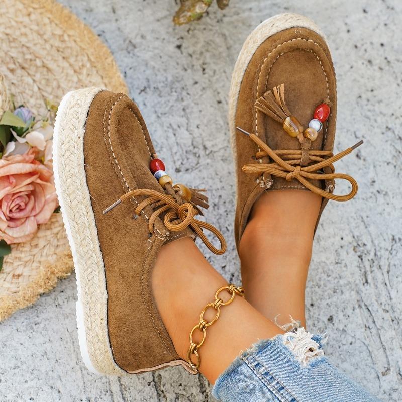 Women's Platform Casual Shoes Autumn Vintage String Bead Fashion Single Shoes Height Increase Outdoor Non Slip Vulcanized Shoes