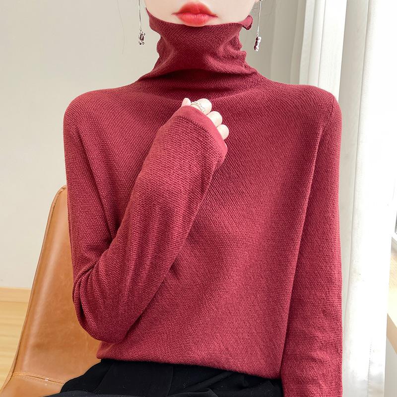 Pulover tricot cu gât stivuit de toamnă, cu mânecă lungă, Topuri de damă de culoare uni