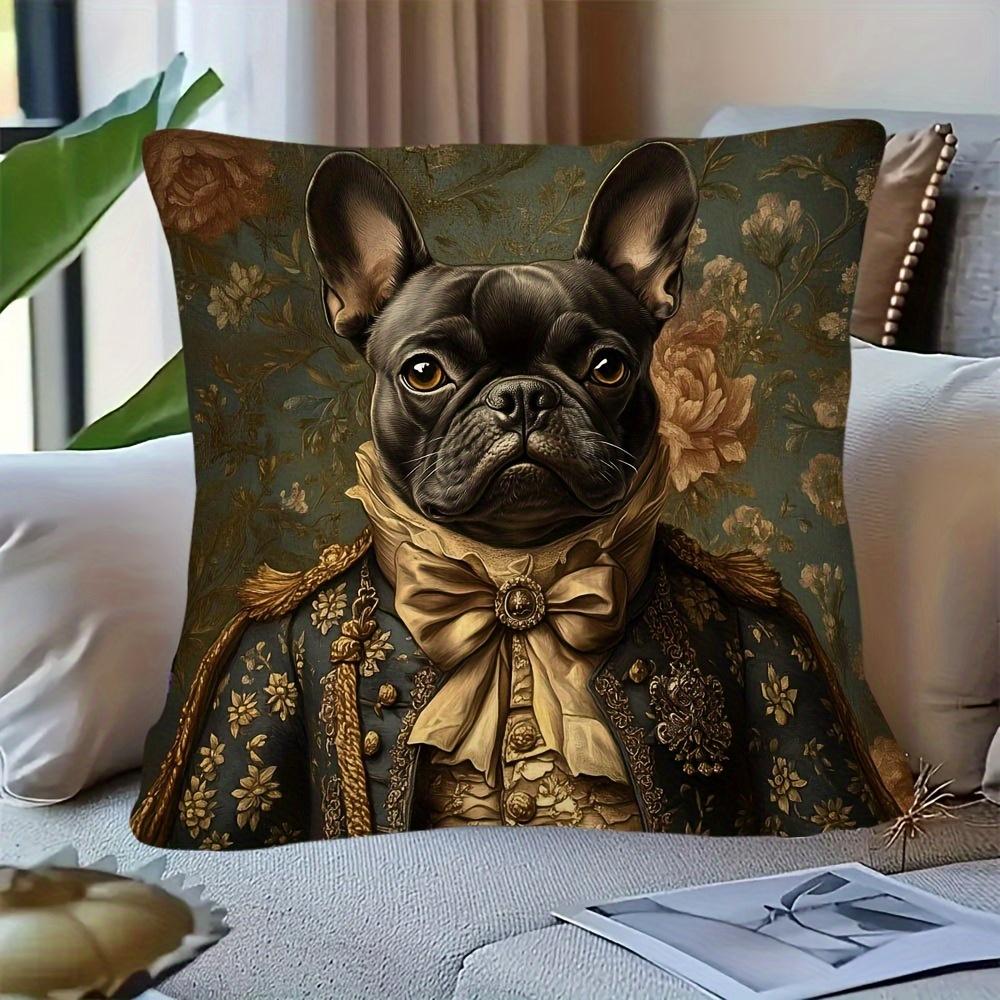 Victorian French Bulldog Double-Sided Decorative Pillowcase, Retro Dog Portrait Cushion Cover For Sofa Home Room Decor
