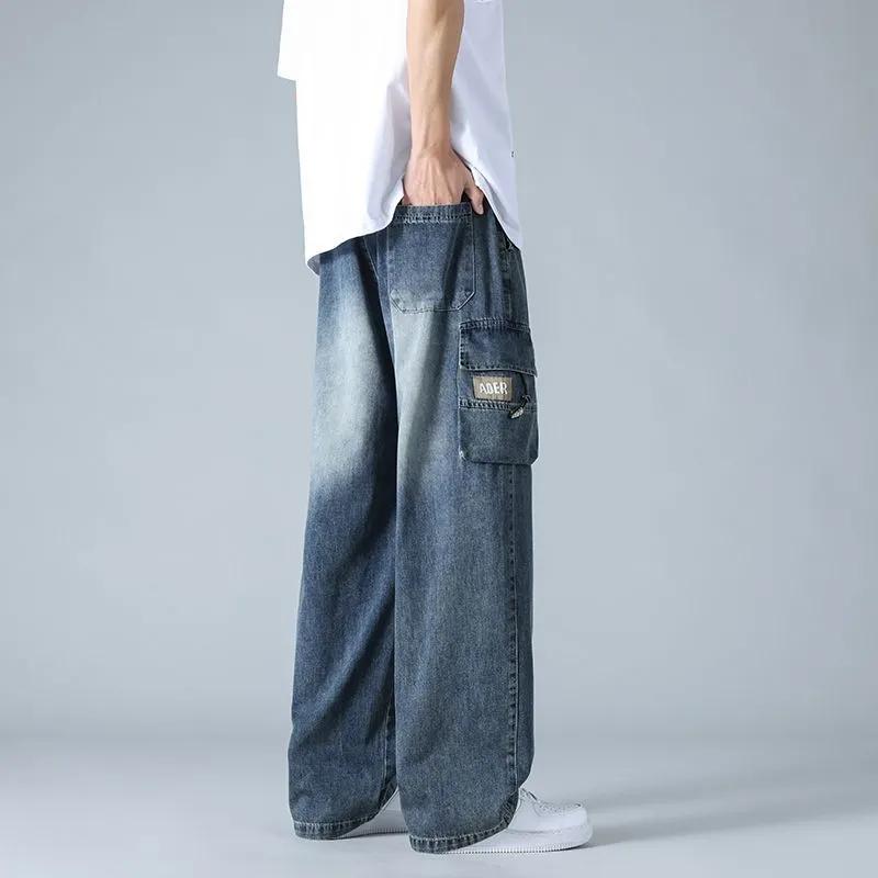 Summer Men's Straight Jeans Multi-Pockets Wide Leg Denim Cargo Pants Lightweight Baggy Jeans Trousers