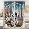 2PCS Soft Mist Blue Flower Ramadan Theme Curtains   Fresh Wind   Bedroom and Living Room   Drawbar Pocket Decorative Curtains