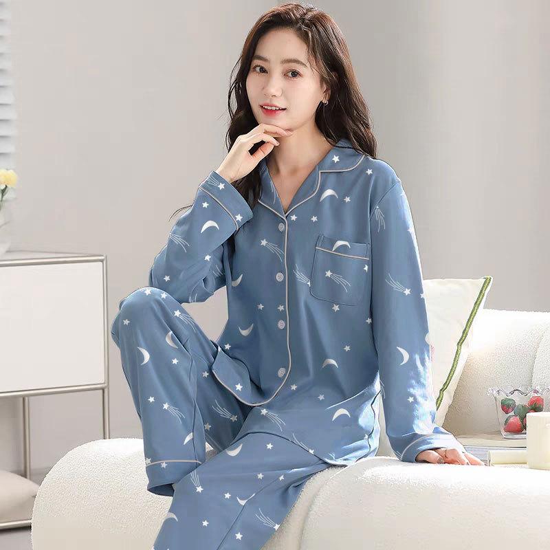 Spring And Autumn Pajamas Women'S Cardigan Long-Sleeved Trousers Korean Girls' Simple Cartoon Loungewear Suit Can Be Worn Outside