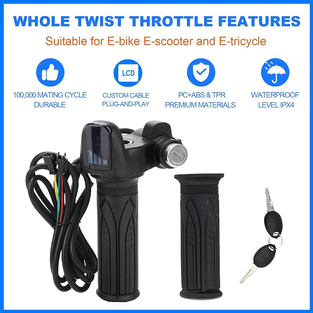 Ebike Full Twist Throttle Fits Ridstar Q20, 48V Plug And Play Throttle 3 Pin Easy Tallation, LCD Display With Key Lock, Throttle Grips For Ebike