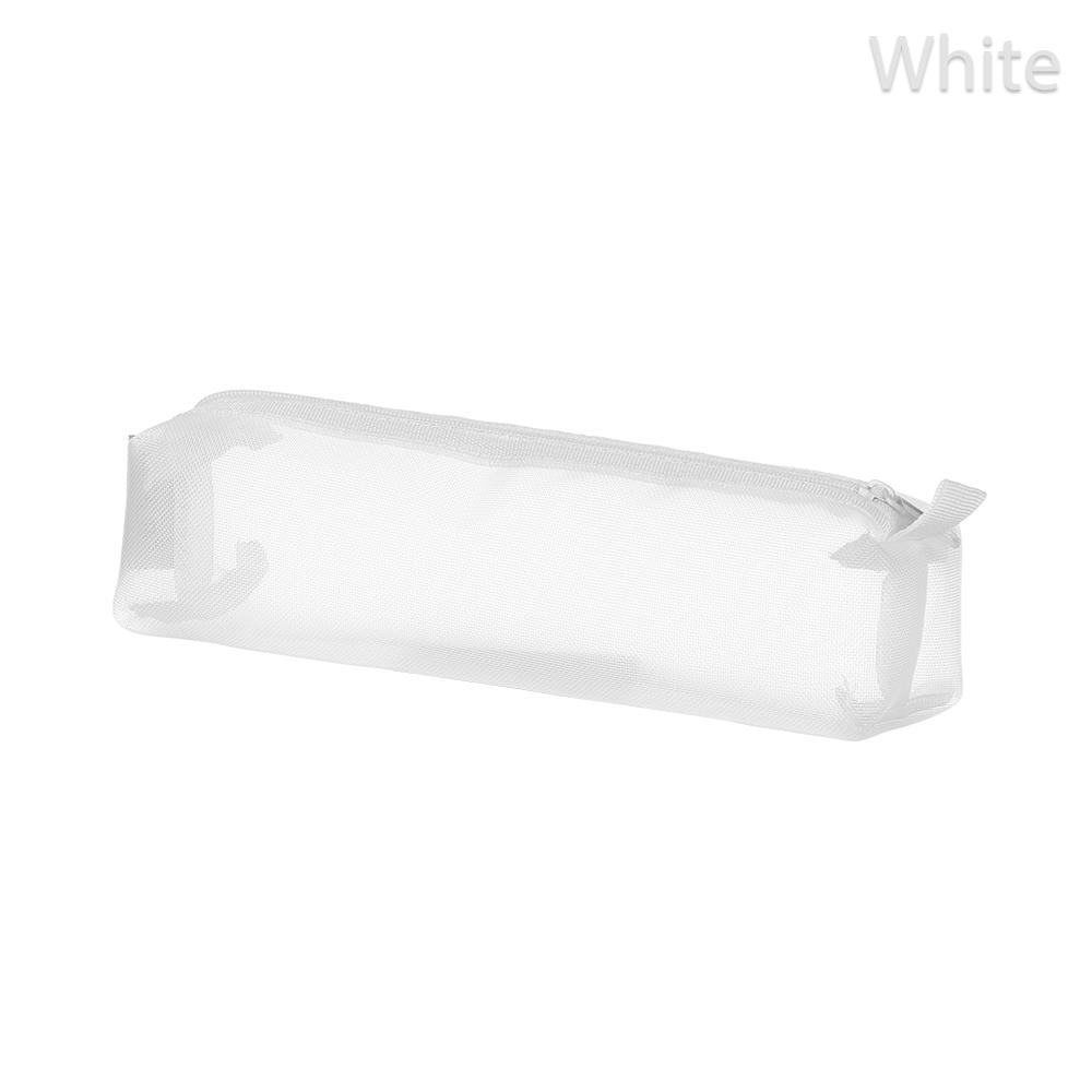 Black/White Simple Transparent Grid Zipper Pencil Case Solid Color Cosmetic Storage Nylon Mesh Pen Bag Stationery Storage Tool