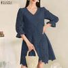 ZANZEA Women Casual V-Neck 3/4 Sleeve Patchwork Lace Dress