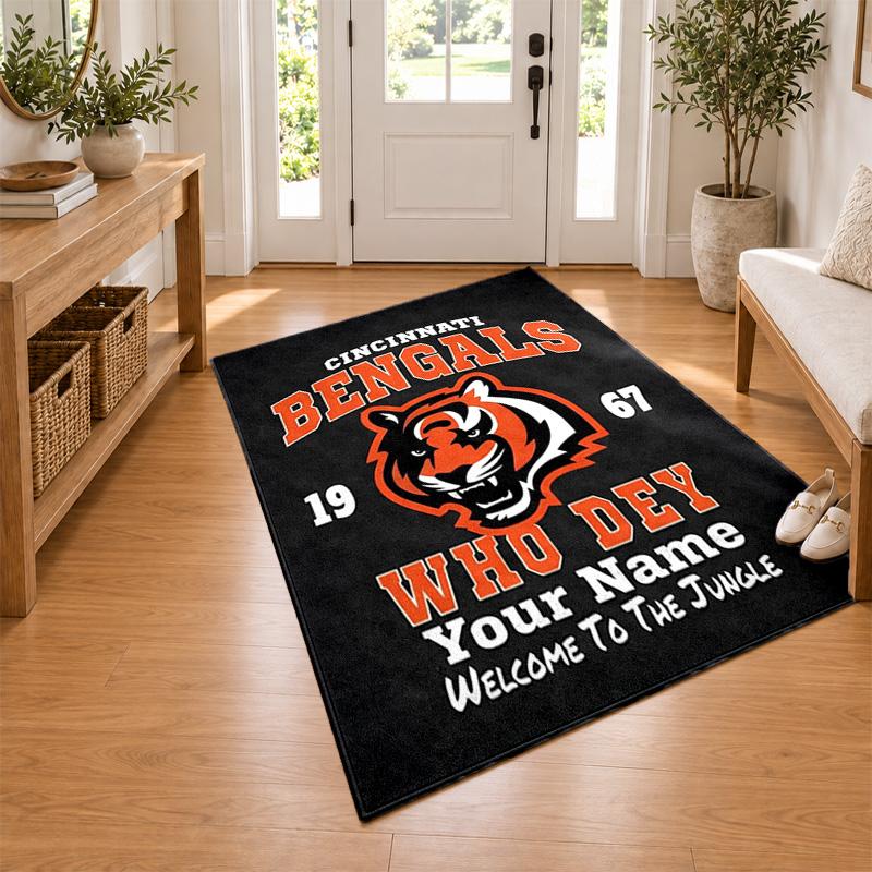 Cincinnati Bengals Custom Name Personalized Rug Non‑Slip Doormat Floor Carpet Housewarming Birthday Gift for Family Friends