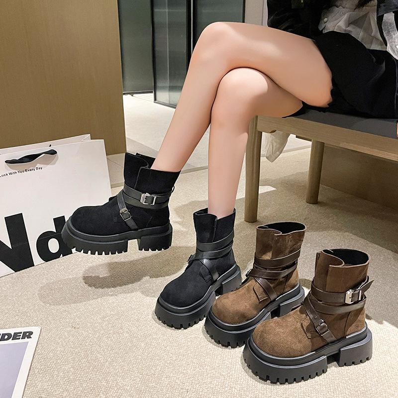2025 autumn new retro belt buckle muffin Martin boots women's thick-soled thin Maillard short boots fashion boots