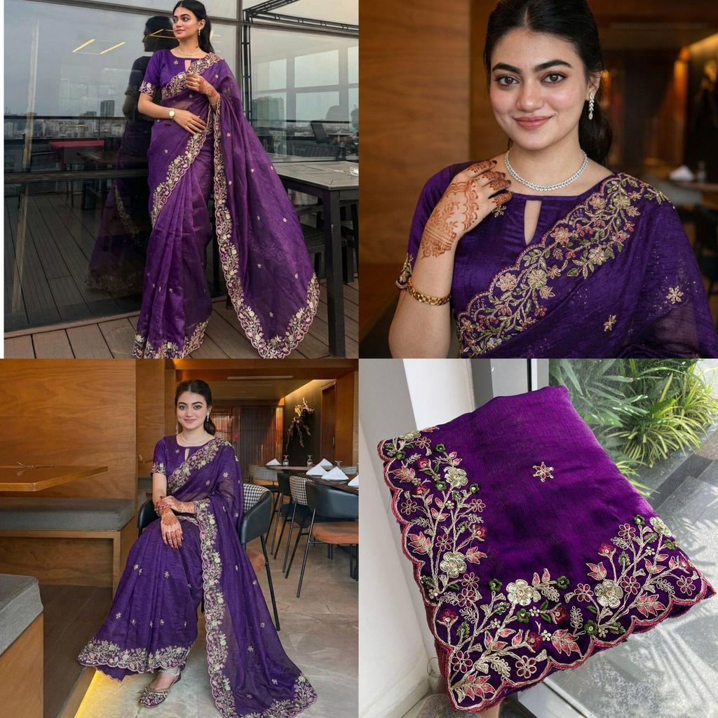 Wedding Special Soft Taby Silk Saree – Embroidery Cutwork Elegance