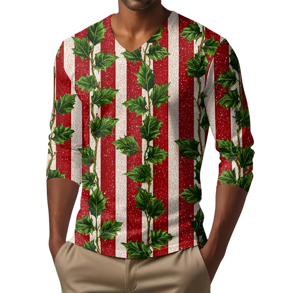 Men's Fashion Printed V-Neck Casual Long-Sleeved T-Shirt Bottoming Shirt Top