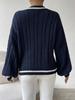 2024 European & American Color Block V-Neck Cable Knit Sweater - Autumn/Winter Loose Fit Women's Fashion.