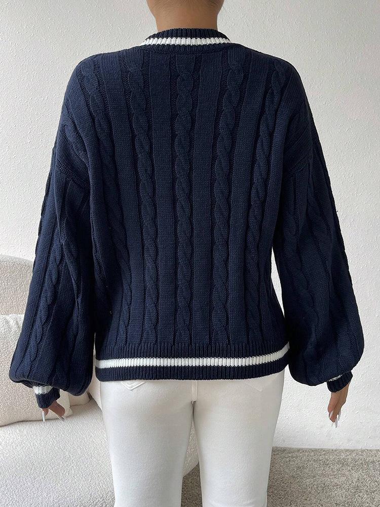 2024 European & American Color Block V-Neck Cable Knit Sweater - Autumn/Winter Loose Fit Women's Fashion.