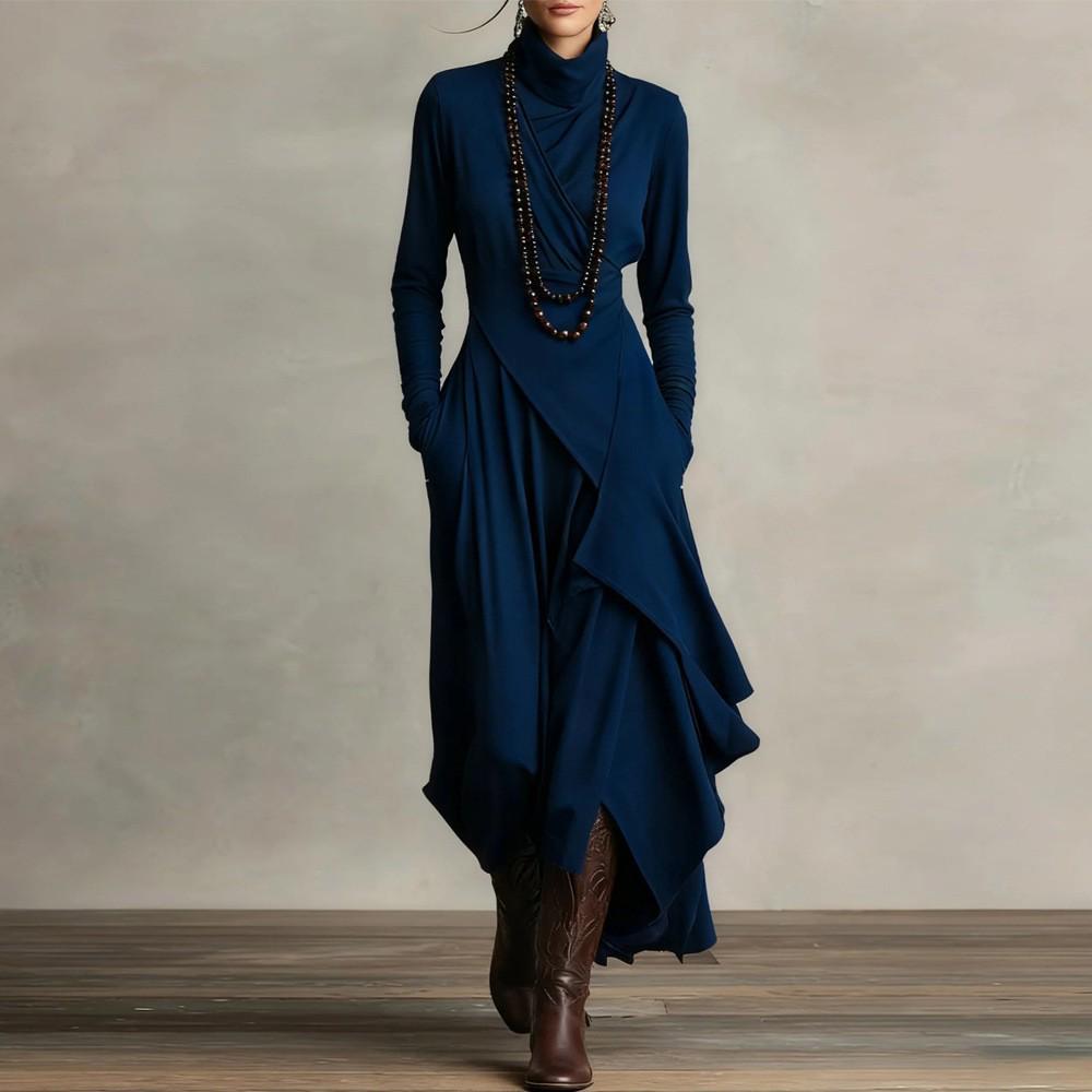 European Style Autumn/Winter 2025 Women's Solid Color Long Sleeve High Neck Irregular Dress