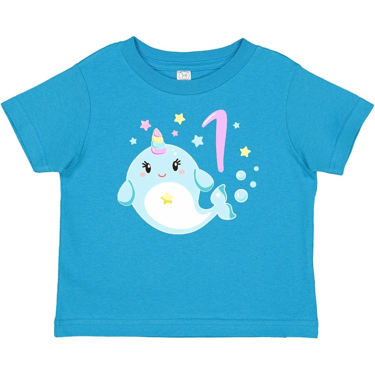 Inktastic Happy 1st Birthday With Cute Narwhal Stars And Bubbles Baby T-Shirt 1 140
