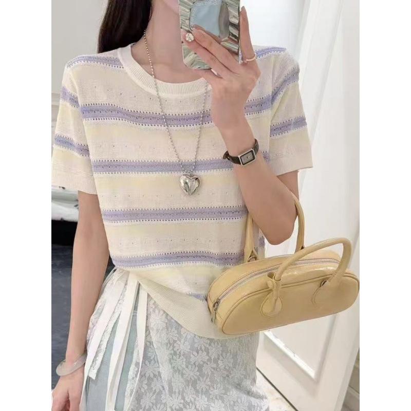 Summer new striped contrasting knitted short-sleeved thin T-shirt top slim-fitting bottoming shirt