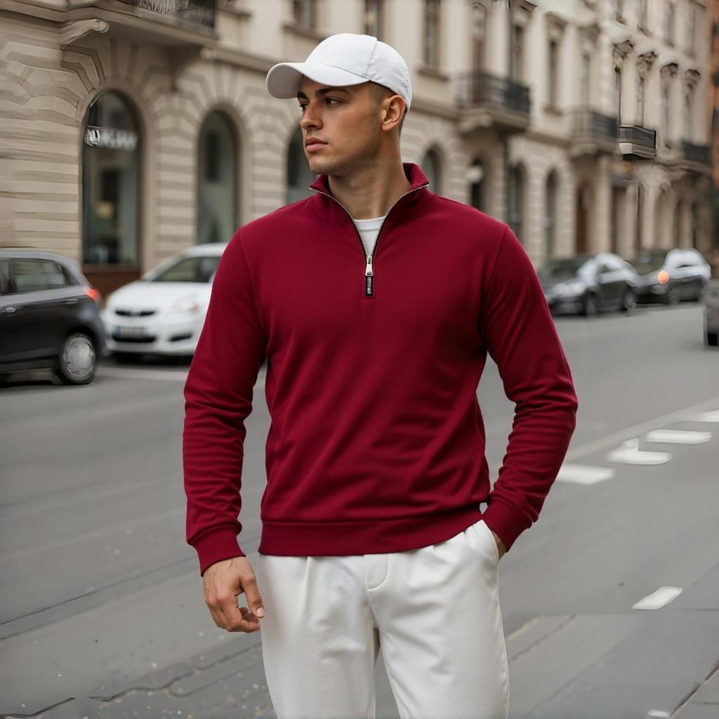 Men's Quarter Zip Pullover Sweater - Solid Color Long Sleeve Casual Top Slim Fit Half Zip Sweatshirt for Autumn & Winter Outwear