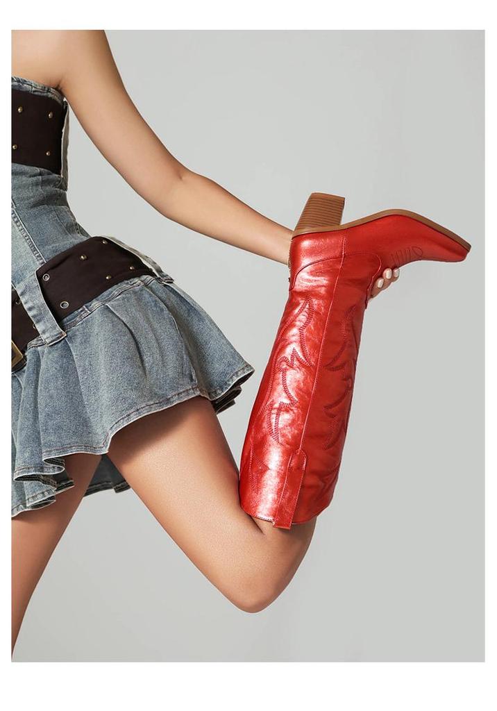 Damskie Jesienno-Zimowe Retro Print Szpiczasty Nosek Gruba Obcas Wysokie Kozaki - Styl Western Cowboy