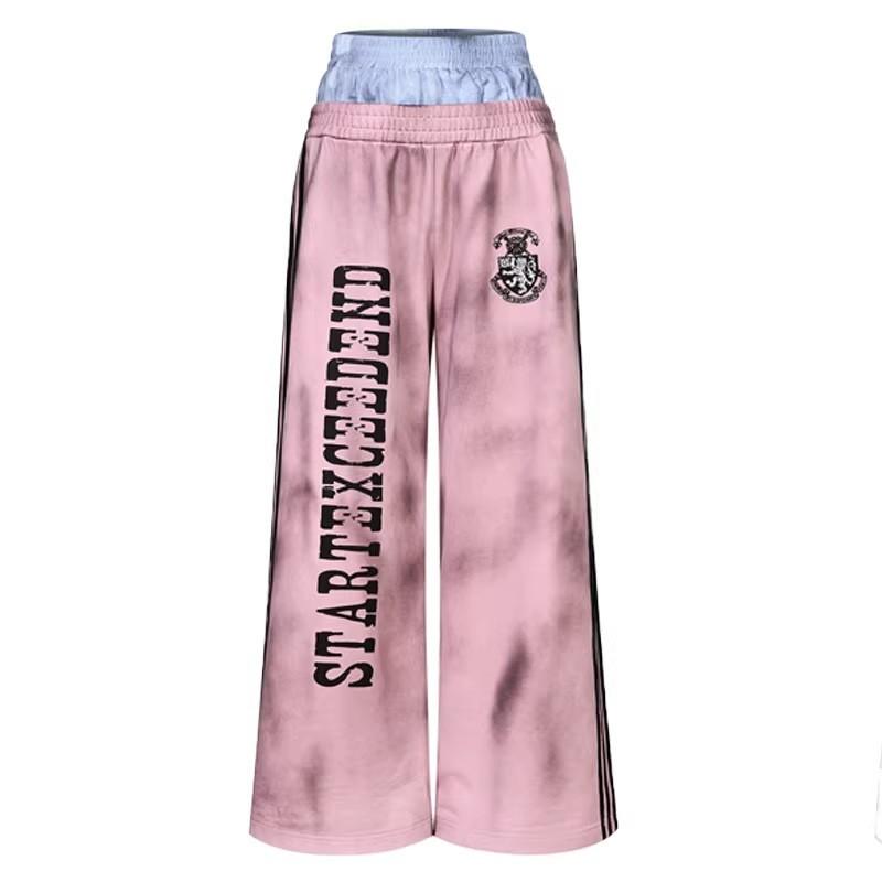 Pantaloni della tuta casual rosa a gamba larga da uomo e donna, a vita alta, vestibilità larga, in cotone, stile streetwear