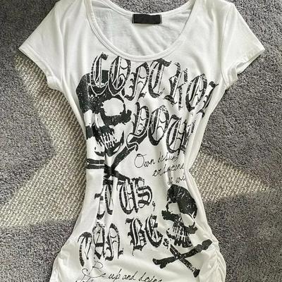 Punk Gothic Grunge T-shirt Vintage Print Short Sleeve Women's Emo Tops Y2K Emo Aesthetic Sexy Streetwear Tees Casual New