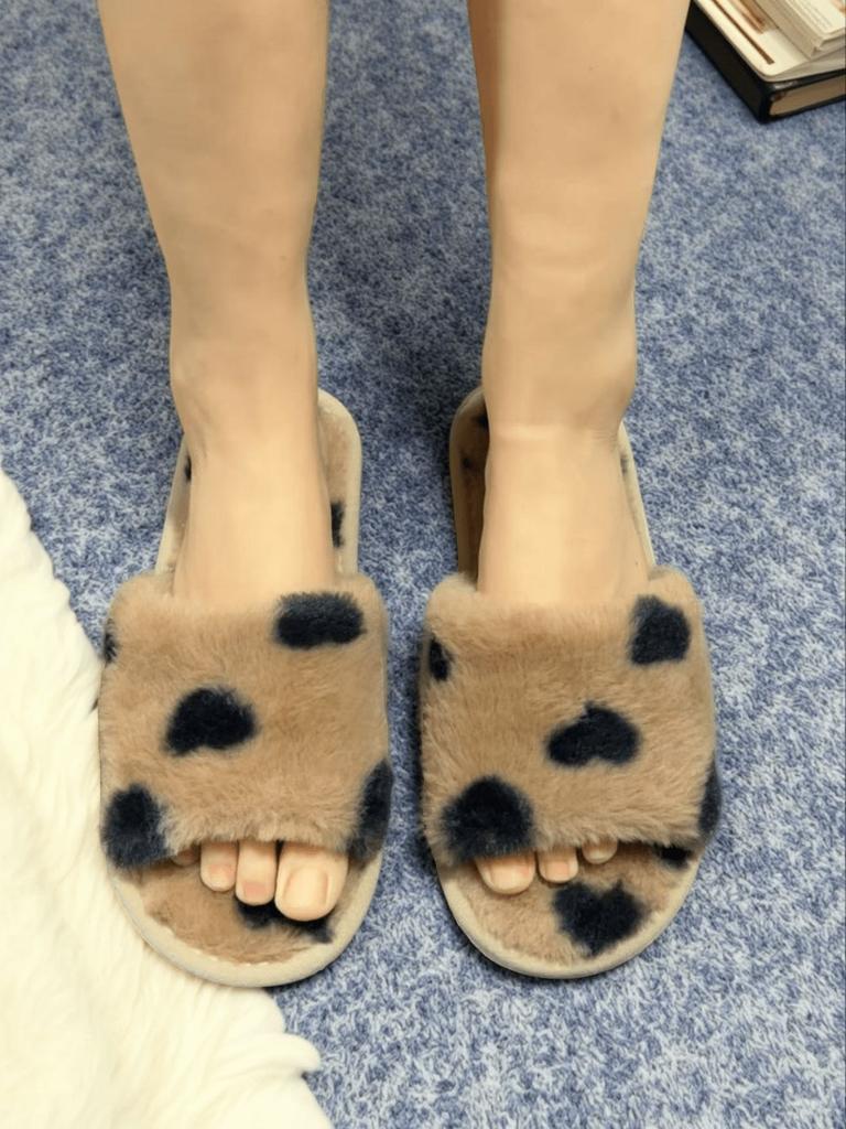 Fashion Women's Autumn Colorful Low Platform Plush Slippers Love Print Fluffy Cotton Shoes Casual Home Woman Man zapatos de mujer