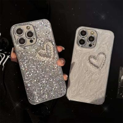 Luxury Pearl Love Heart Diamond Flash Phone Case For iPhone 15 14 13 12 11 Pro Max Electroplating Shockproof Cover For iPhone 15 14 13 12 11