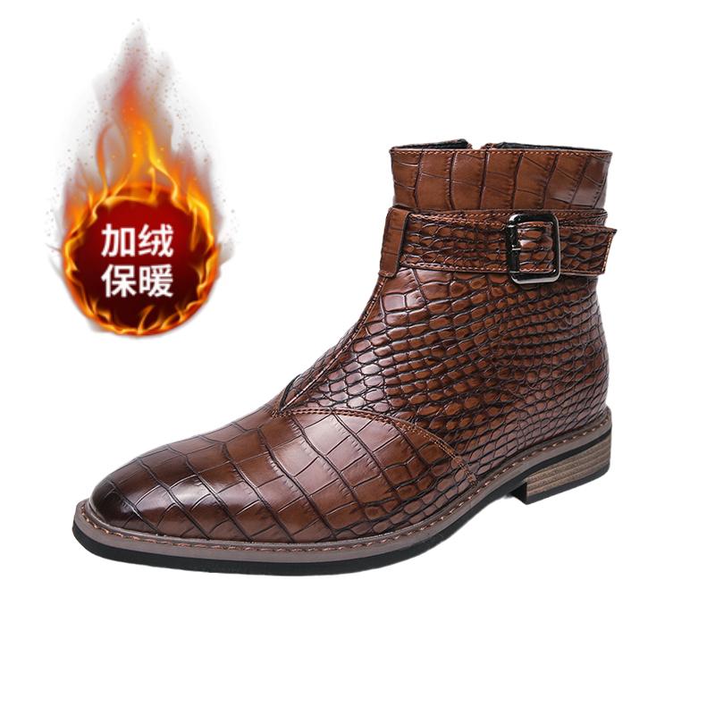 Brand Fashion Men's Side Zipper Snake Leather Pattern High Top Short Boots Pointed Comfortable Banquet Men's Boots