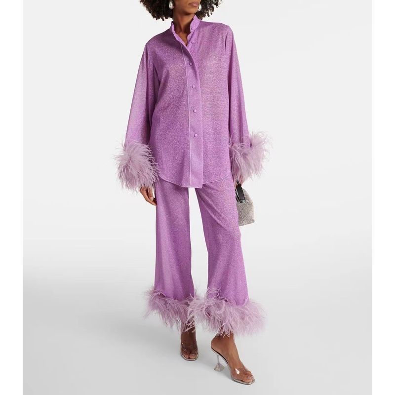 

Niche Design Long sleeve Feather Stand Collar Top Fashion Casual Trousers Set Feather Pants Set Purple S