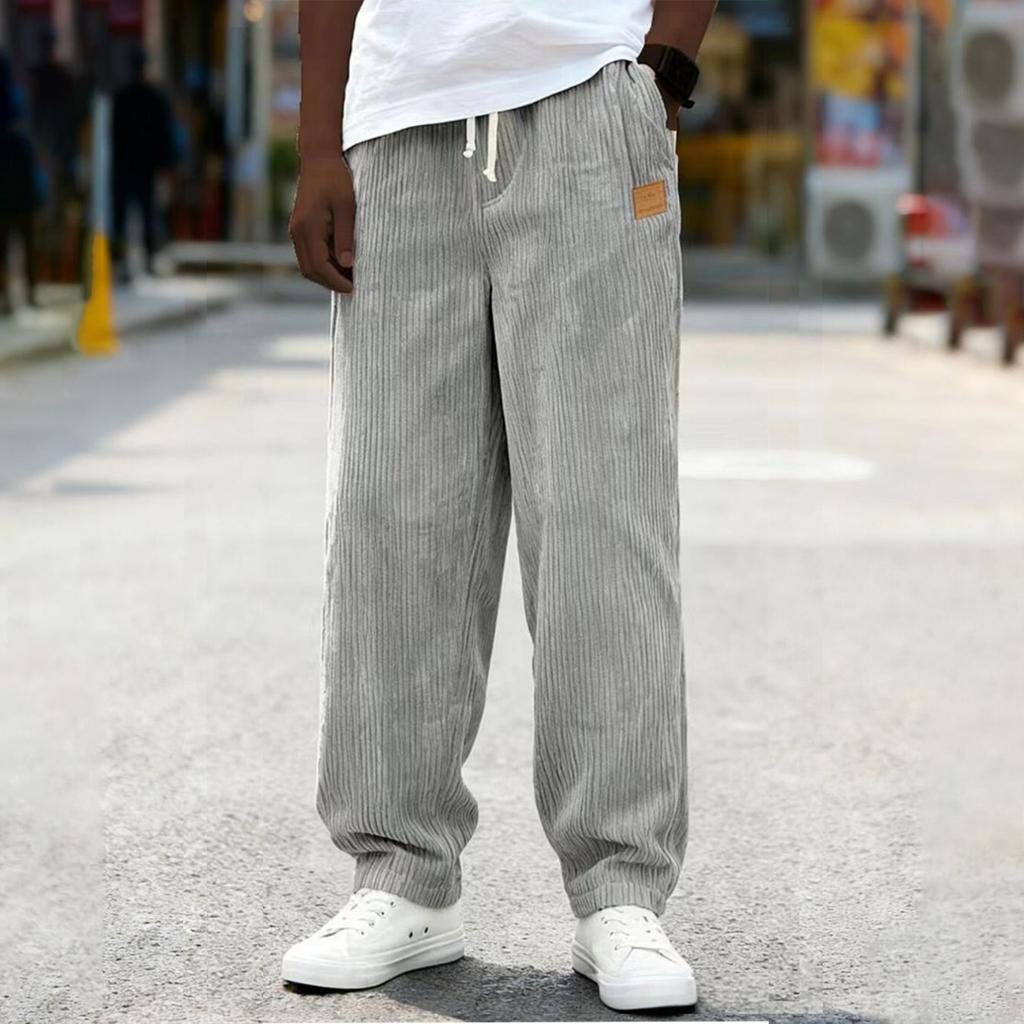 Men Loose Fit Drawstring Waist Corduroy Trousers Casual Straight Leg Pants with Pockets for Everyday Wear