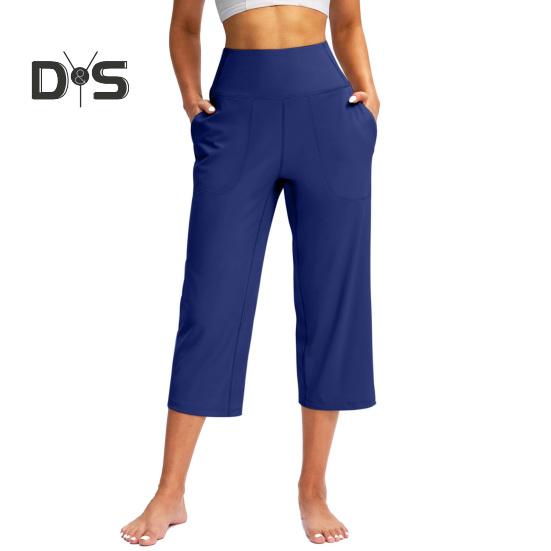 Pantaloni de Yoga pentru Femei Elastici cu Talie Înaltă, cu Picior Larg, Pantaloni Crop cu Buzunare, Pantaloni Stil Sportiv Casual