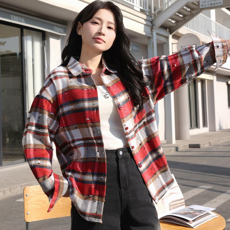 Checkered Shirt for Women In Spring Autumn with Holes The High Street Rugged Handsome Loose Casual Top Vintage Fashionable Outerwear Blouses & Shirts