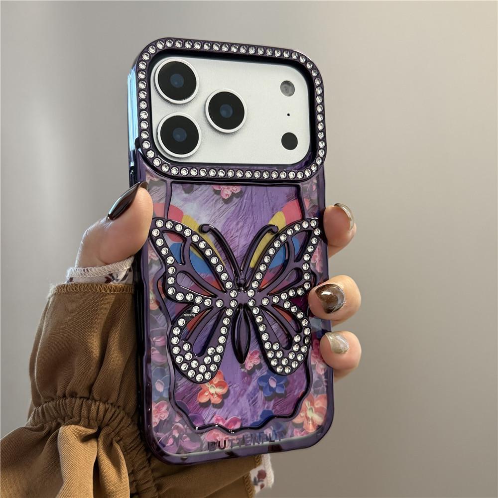 iPhone 17 Pro Max Case: Hollow-Out Rhinestone Butterfly Electroplated Protective Cover for 16/15/13 Pro Models