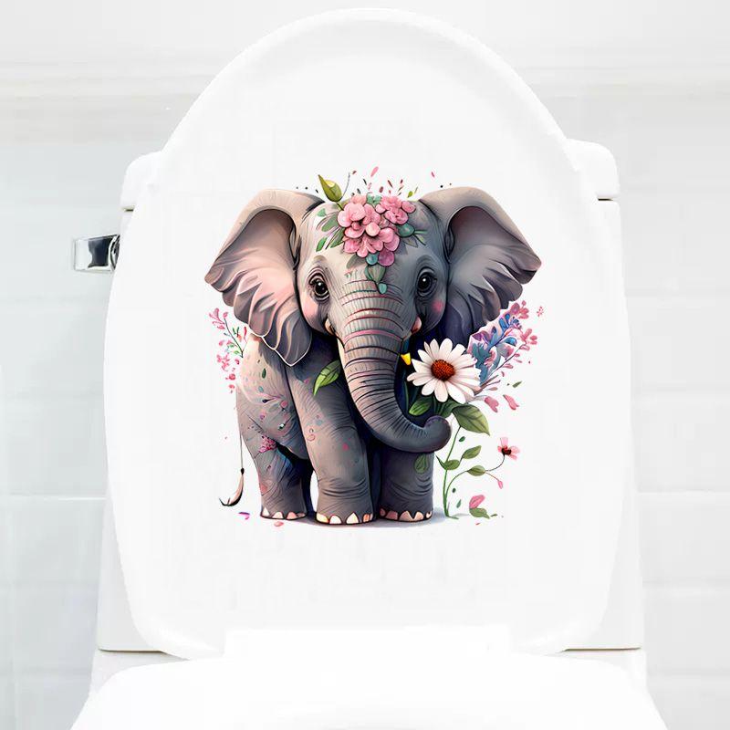 Beautiful Colored Baby Elephant Toilet Seat Stickers Self-adhesive Animal Stickers Toilet Bathroom Decoration Water-proof Decal