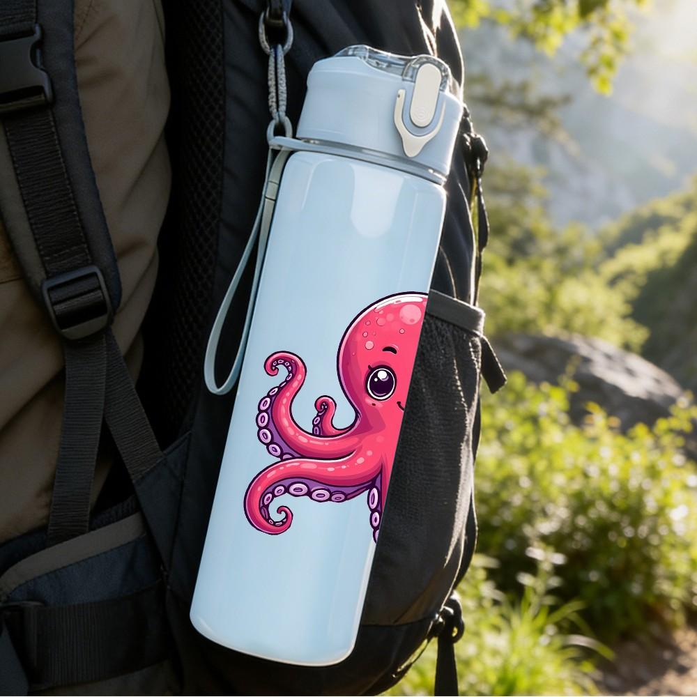 1PC Pink Octopus Ocean Animal Pattern 750ml Color Plastic Sports Water Bottle Leakproof Flip Straw Lid Suitable for Sports Office Home Use