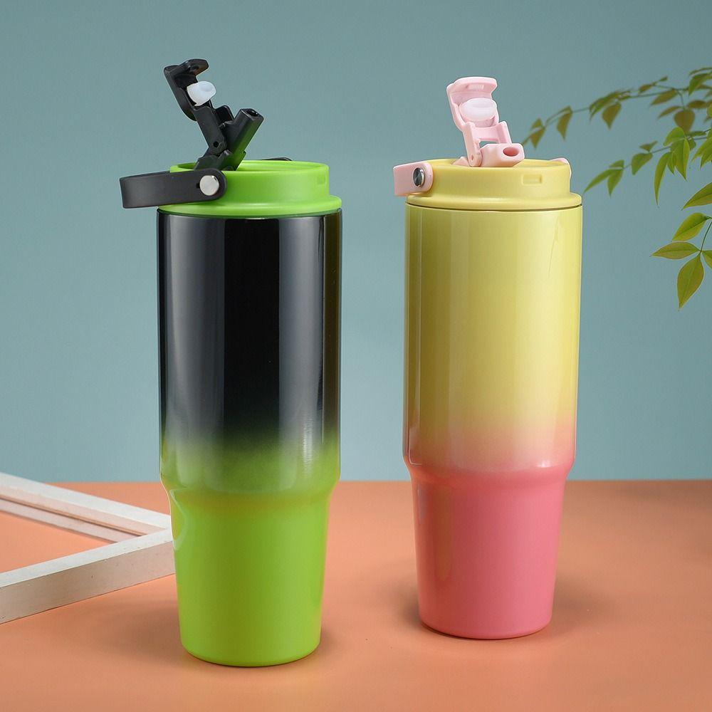 With Straw Gradient Thermos Cup 30oz Car Cup Milk Stainless Steel Insulated Cup  Outdoor