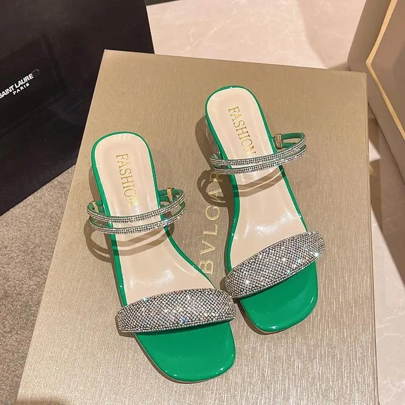 Korean Sle Women's Summer Faion Sandals Two-Way Wear Diamond Embellied Flat Heel Open-Toe Low Cut Rubber Outsole