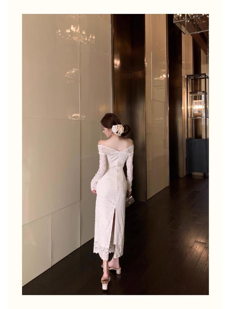 White Lace One-Shoulder Long-Sleeve Bodycon Autumn Dress for Women