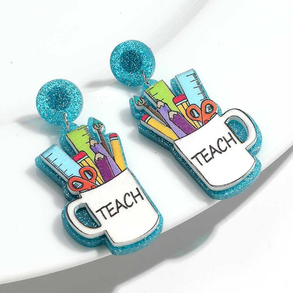 

Lovely Glitter Acrylic School Day Ruler Scissors Pencil Drop Earrings for Women Double-layer Cup English Letter Dangle earrings синий