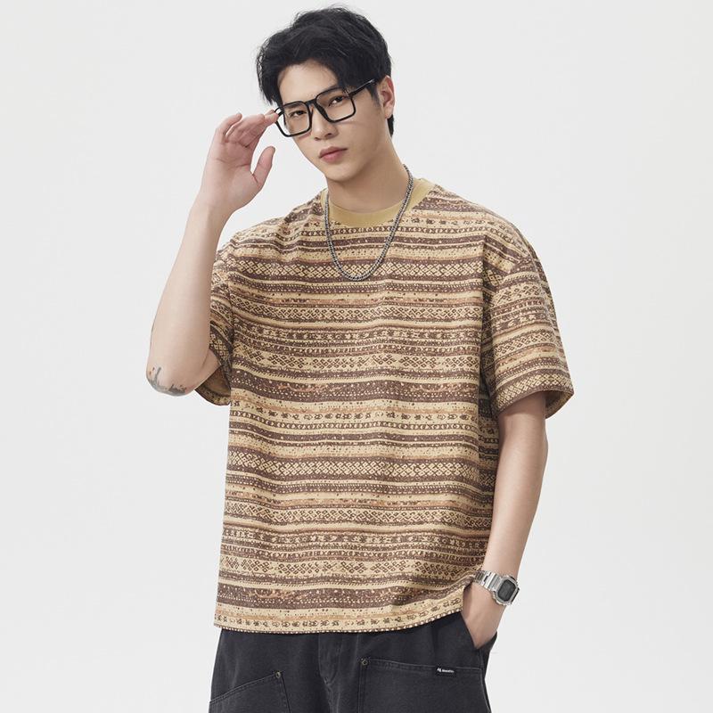 Men's Vintage Ethnic Striped Short Sleeve Loose T-Shirt