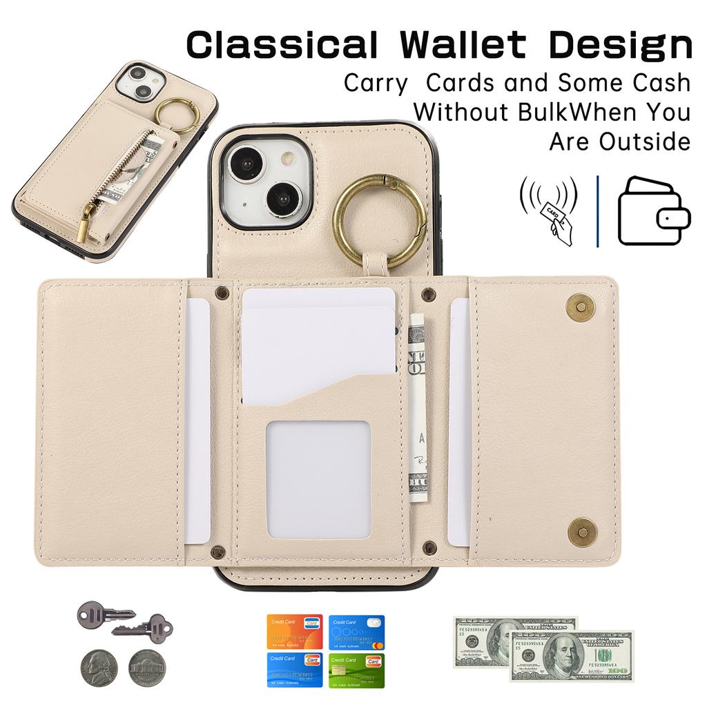 For iPhone 15 Leather Back Cover Zipper Wallet Kickstand Phone Case with Shoulder Strap