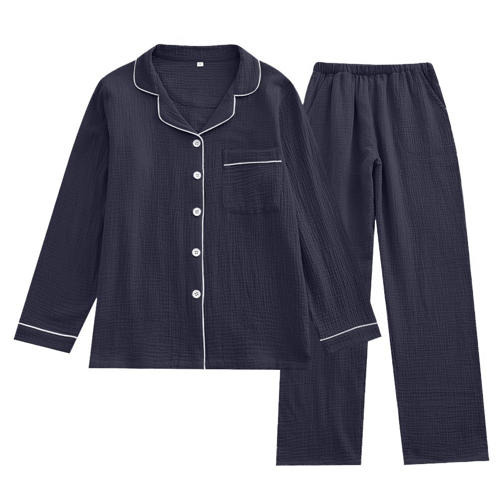 Anna aj Japan Double Gauze Long Top and Bottom and Gentle on the Loose Perfect for Loungewear or Hospital Plus Sizes Blue Women's Pajamas, 100%