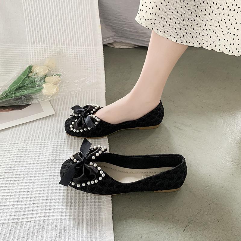 Square Head Flat Bottom Doudou Shoes Summer Korean Version Pearl Bow Evening Fairy Wind Single Shoes
