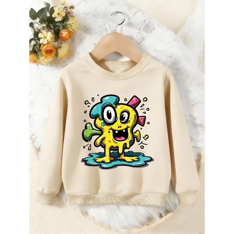 Unisex Kids Crewneck Sweatshirt, Cute Dripping Yellow Cartoon Monster Print Pullover, Boys Girls Casual Sweatshirt For Kids Over 4 Years Old