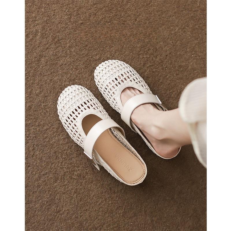 Soft Leather Version~ Hand-woven Hollow Sandals for Women's 2025 Summer New Models with Breathable Bag Head and Half Slippers for External Wear