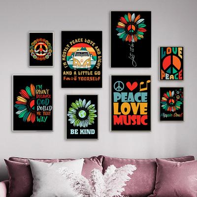 Hippie Peace Love Music Canvas Painting Soul Sunflower Be Kind Quote Poster and Print Retro 60s Abstract Wall Art Pictures Decor