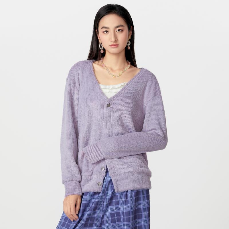 

Spring Women Men Long Sleeve Furry Cardigan Unisex Button Up Knit Kimonos 4XL фіолетовий