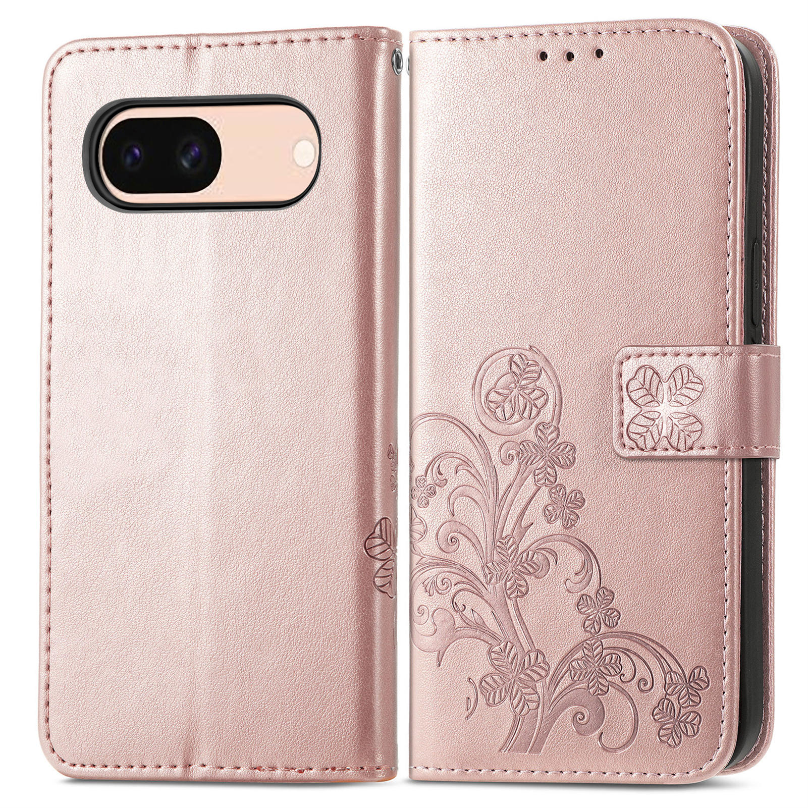 

For Google Pixel 8a Leather Case Four-Leaf Clover Phone Wallet Cover Rose Gold