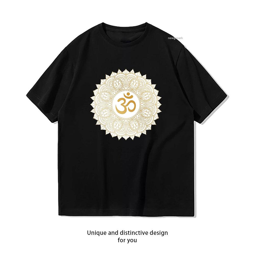 Goldenes Aum Om Ohm Symbol in Dekorativem Runden Unisex Dalas Orna Unisex Klassisches T-Shirt Damen Unisex Lässiges Baumwoll-Grafik-T-Shirt Rundhals