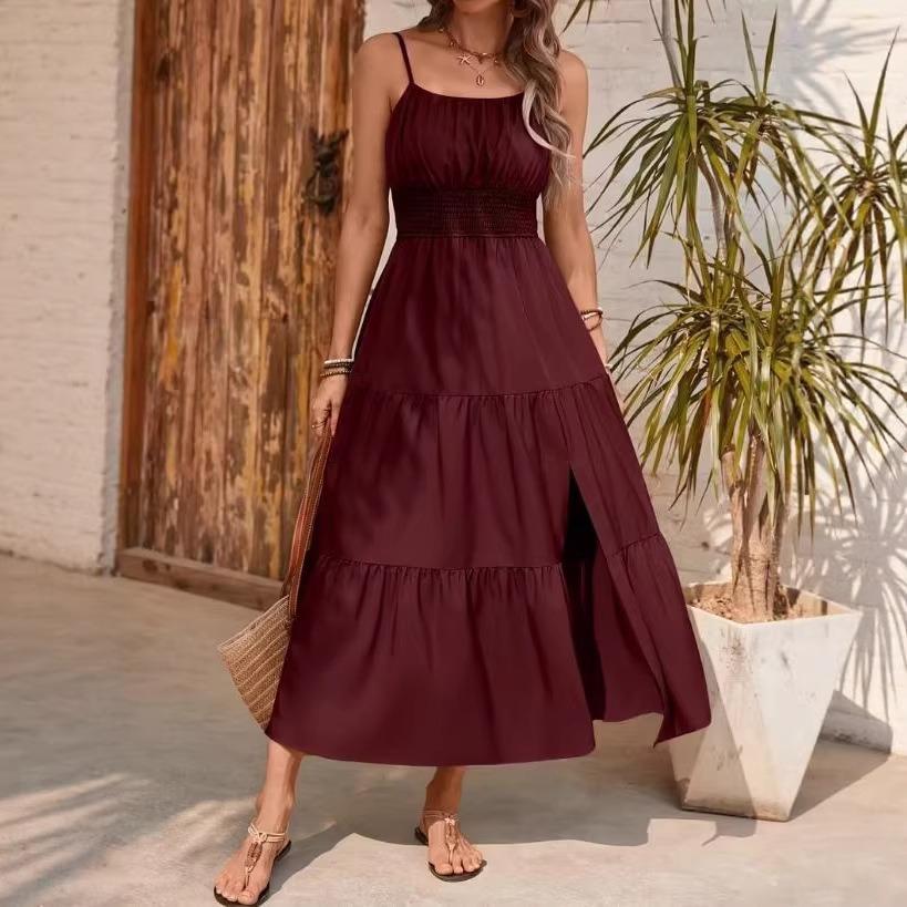 Spring and Summer New European and American Suspender Layered Waist Solid Color Slim Dress Women's Dress