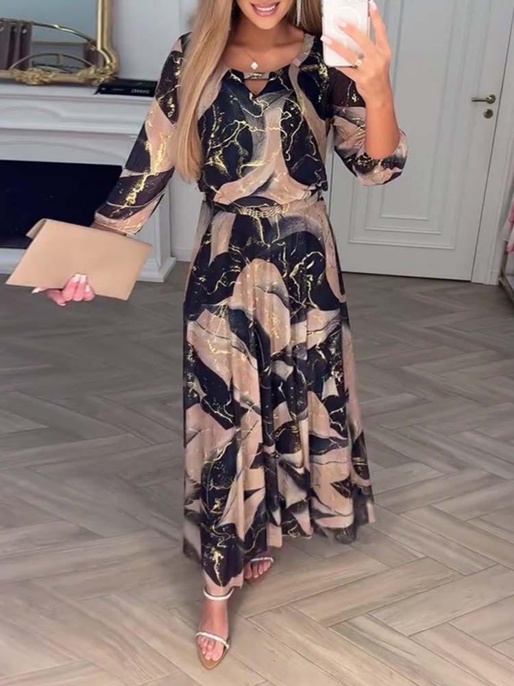 2025 Europäische & Amerikanische Mode Florales Siebenärmeliges Taillenraffungs-Kleid für Damen.