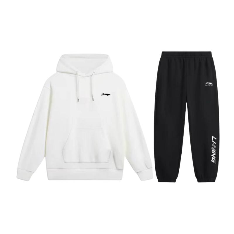 

Li-Ning Fleece Lined Thick Brand Logo Printed Loose Fit Pullover Hooded Sweatshirt Mid Rise Elastic Long Pants Casual Sports Set YWDU565-2+YKLU208-1 L